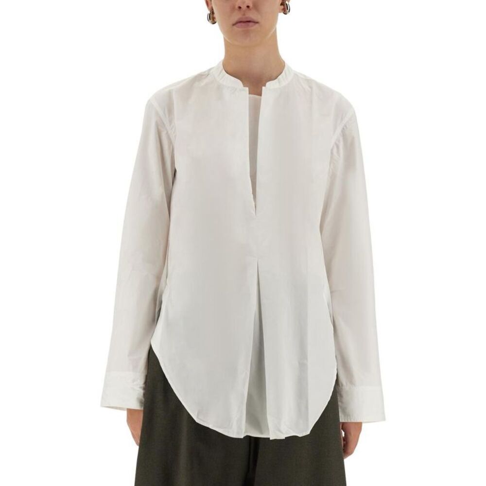 STUDIO NICHOLSON Women's Stand Collar Deep V-Neck Long Sleeve Shirt Women WHITE